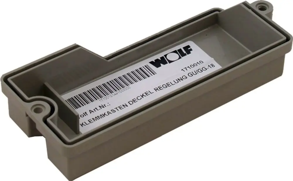 Grau Kunststoffgehäuse von Wolf mit Deckel, beschriftet mit Artikelnummer und Barcode. Verwendung für elektrische Systeme nicht spezifiziert.